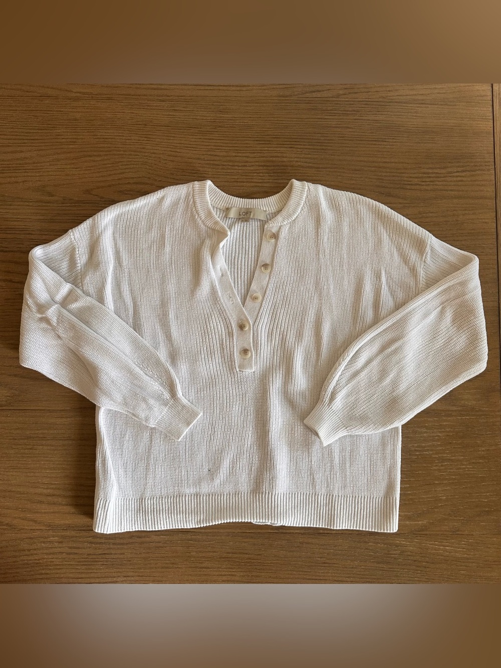 LOFT Women’s Medium White 100% Cotton Henley Sweater Pullover